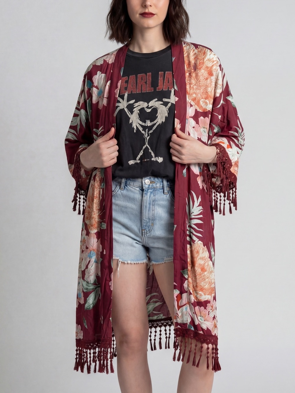 Boho Floral Fringe Kimono Robe Burgundy Pink vacation Autumn Bridesmaid coverup